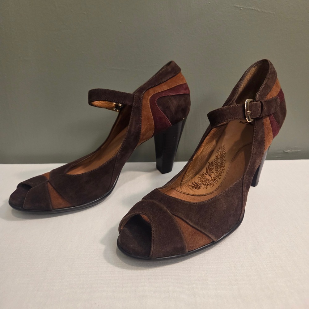Sofft Women's Leather & Suede Open Toe Heels Size 8 Brown & Burgundy - Picture 2 of 8